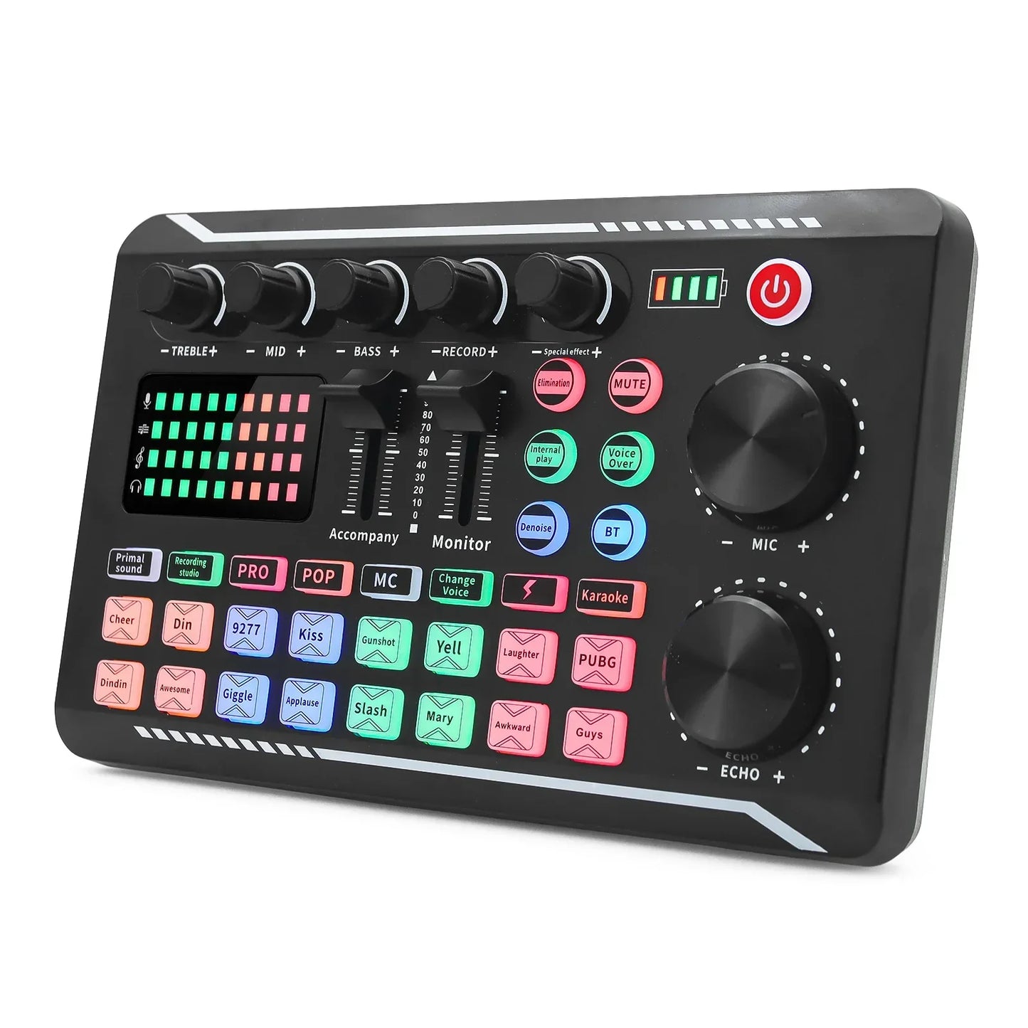 Black rectangular f998 sound card with colorful buttons and knobs for podcast dj equipment and professional sound mixer use