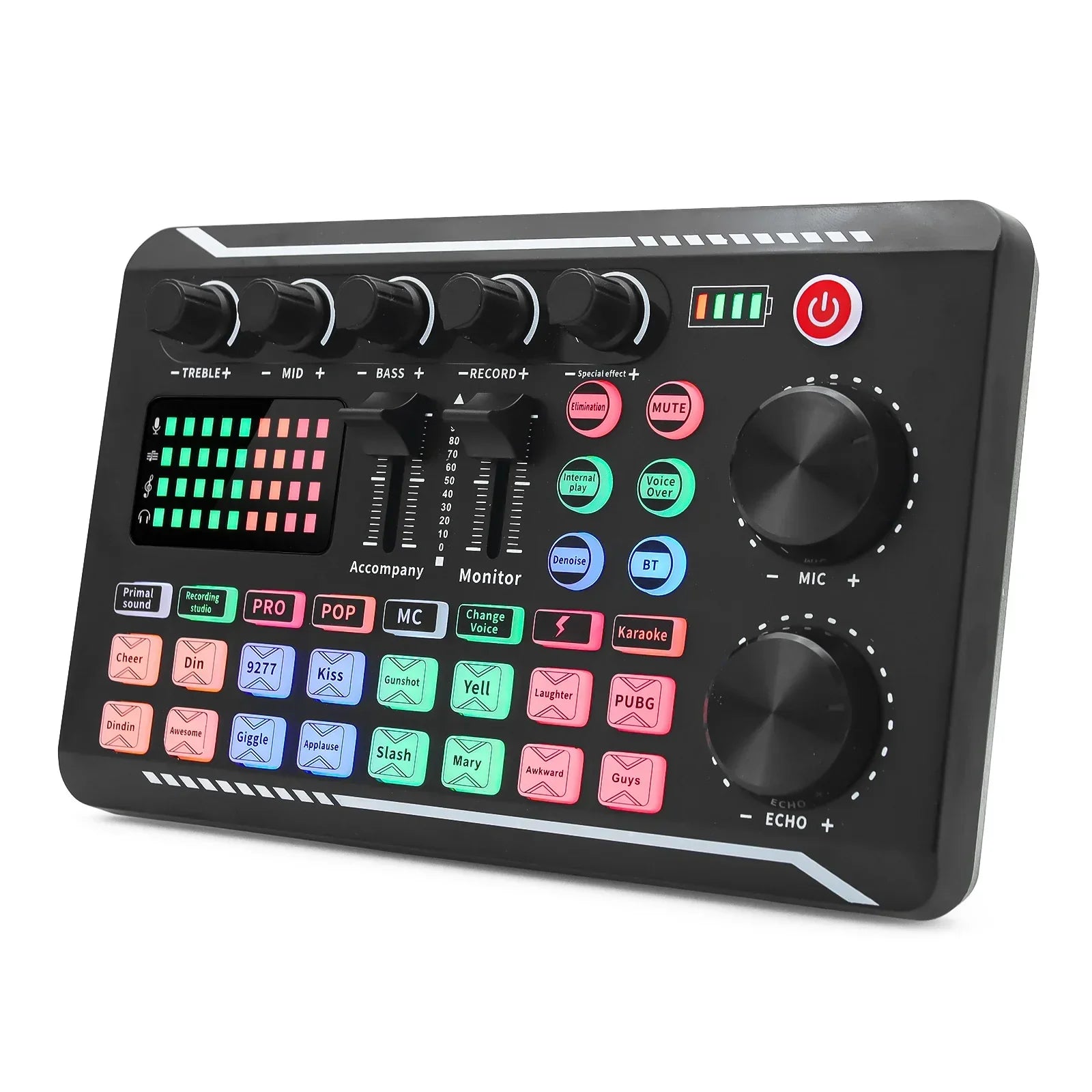Black rectangular f998 sound card with colorful buttons and knobs for podcast dj equipment and professional sound mixer use