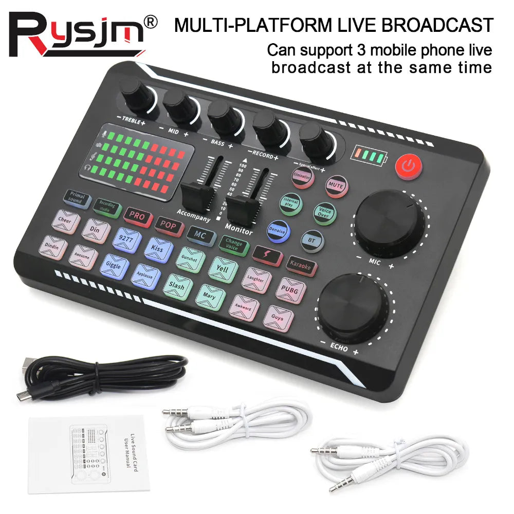 Black f998 sound card with colorful buttons and led display professional sound mixer for podcast dj equipment use