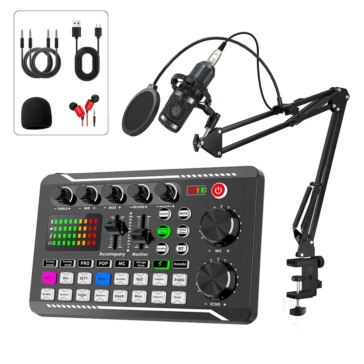 Black usb audio mixer with colorful led display and knobs on adjustable arm next to bm800 studio microphone for live podcast equipment