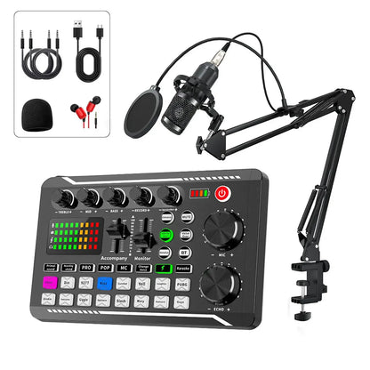 Black usb audio mixer with colorful led display and knobs on adjustable arm next to bm800 studio microphone for live podcast equipment