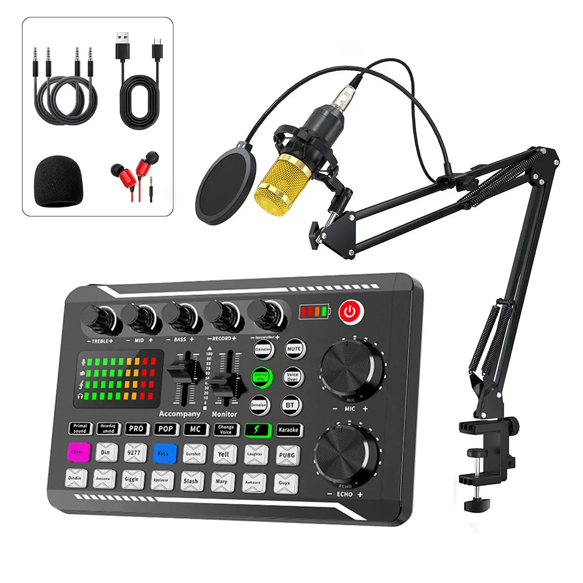 Black live podcast equipment set with bm800 studio microphone and audio mixer supports various sound effects for pc broadcast