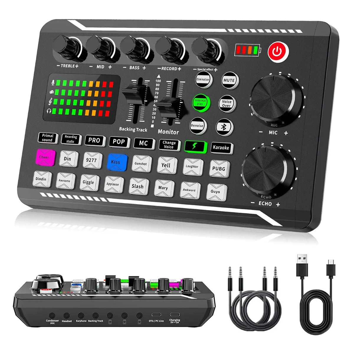 Black usb audio mixer supports multiple knobs buttons and digital display for live podcast equipment with bm800 microphone