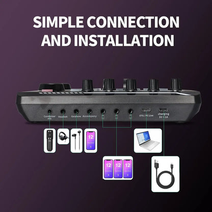 Black electronic audio mixer with multiple input jacks and usb-c port in live podcast equipment with bm800 studio microphone