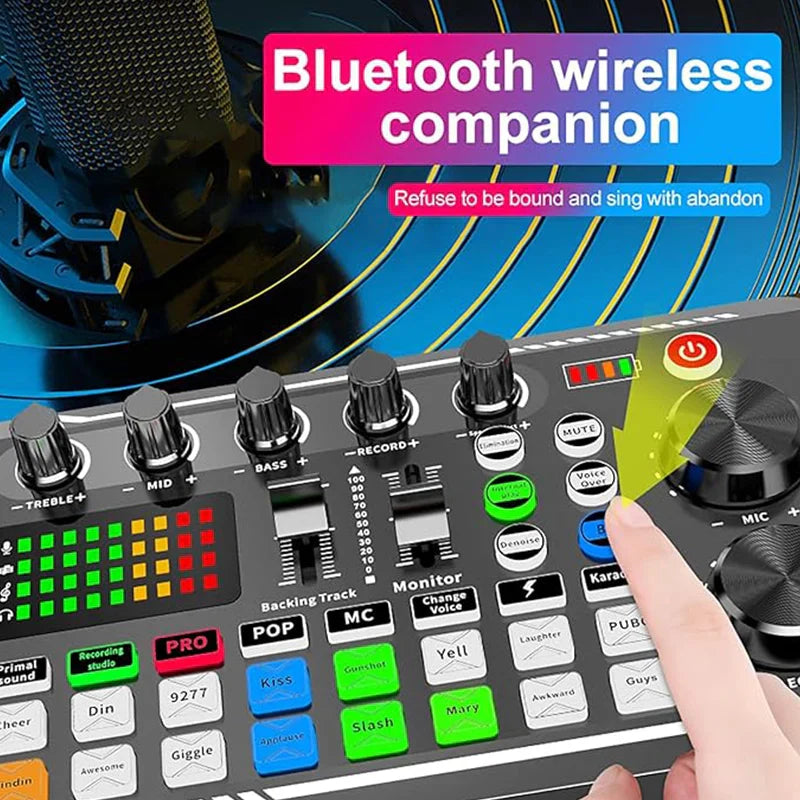 Black bluetooth wireless audio controller with colorful illuminated buttons for live podcast equipment with bm800 studio microphone and audio mixer supports sound effects