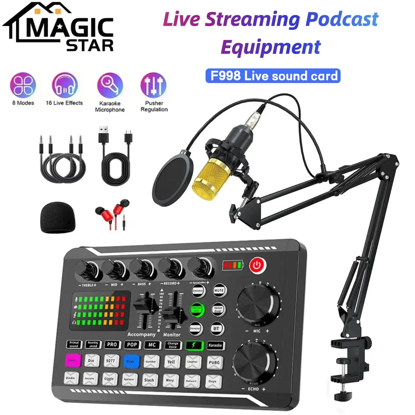 Black magic star f998 live sound card with gold bm800 studio microphone and audio mixer supports live podcast equipment