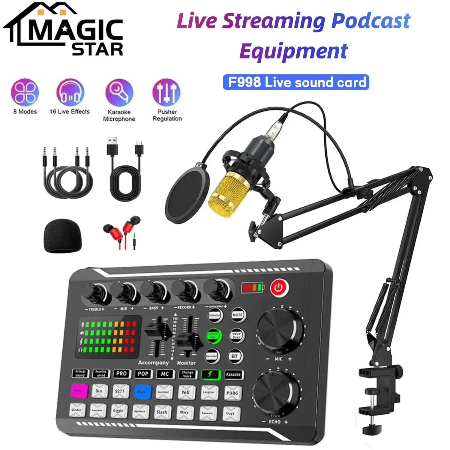 Black magic star f998 live sound card with gold bm800 studio microphone and audio mixer supports live podcast equipment