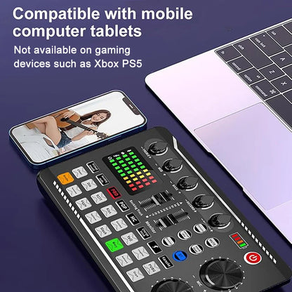 Black usb audio mixer with knobs and colorful led display for live podcast equipment with bm800 studio microphone support