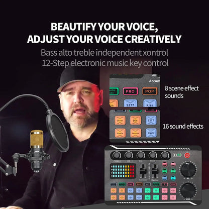Gold-colored bm800 studio microphone with black pop filter and adjustable stand in live podcast equipment set with audio mixer supports sound effects