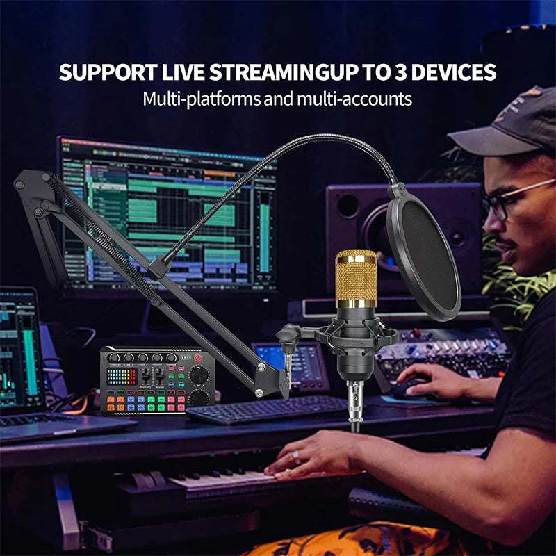 Gold-colored bm800 studio microphone with black pop filter and audio mixer supports live podcast equipment setup