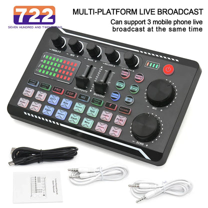 Black 722 multi-platform live sound card audio interface with colorful mixer effects voice buttons for live streaming singing