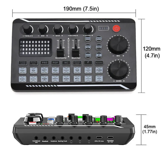 Black compact live sound card audio interface with imported dsp dual knobs buttons for voice recording and music production