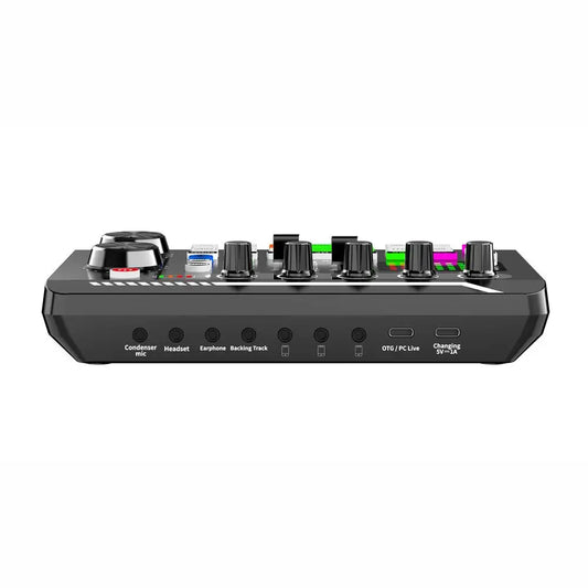 Black compact audio interface with multiple knobs usb-c and otg/pc live connector for mixer effects voice live streaming singing