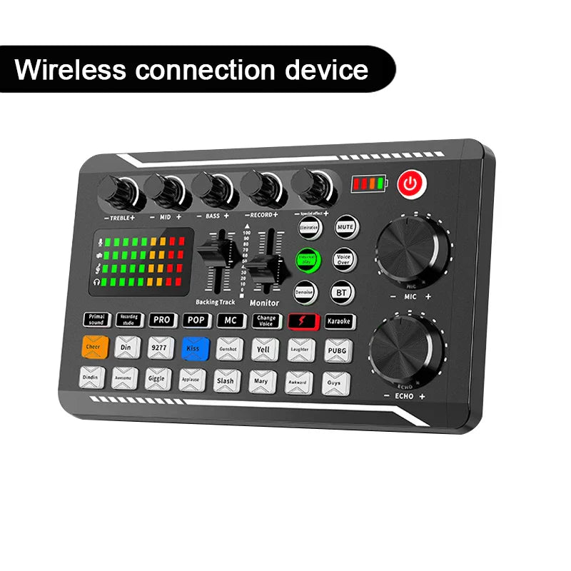 Black wireless audio interface with multiple knobs and colorful led display for mixer effects voice in live streaming singing