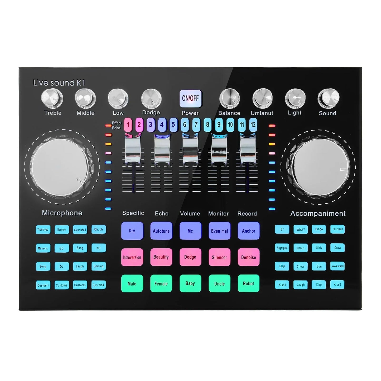 Black live sound card k1 audio mixing console with silver knobs and led-lit faders for live broadcast sound effects