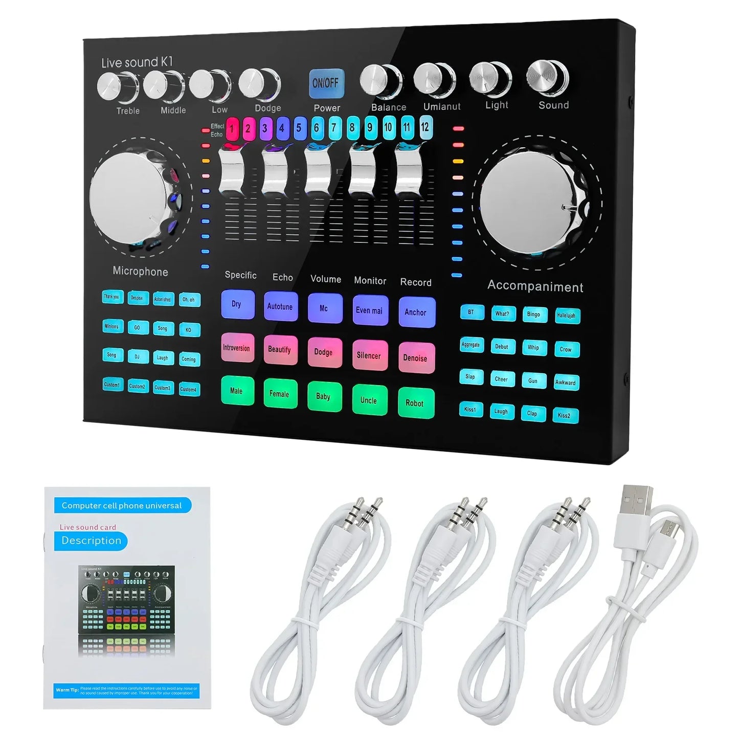 Black k1 audio mixing console with colorful illuminated buttons and silver knobs for live broadcast sound effects