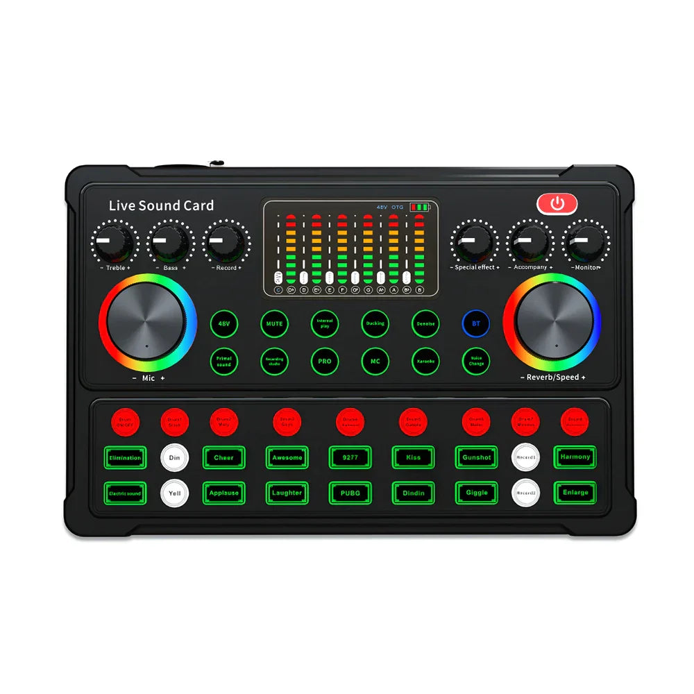 Black rectangular live sound card with colorful rotary knobs led display and buttons for professional soundcard bluetooth use