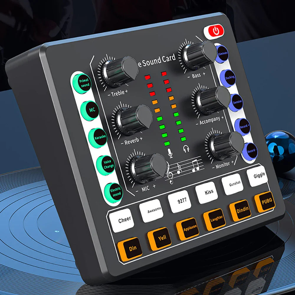 Black rectangular usb professional soundcard bluetooth with silver knobs colorful led indicators and voice changer live functions