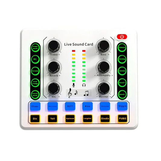 White rectangular professional soundcard bluetooth with black knobs green leds and colorful preset buttons for voice changer live use