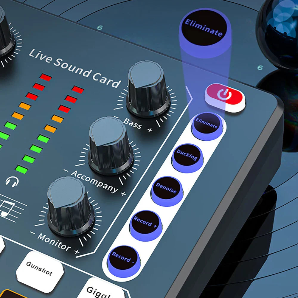 Black and blue professional soundcard bluetooth control panel with illuminated led indicators for voice changer live use