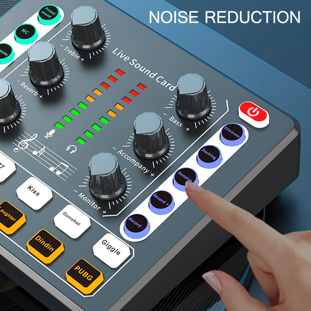 Black and gray professional soundcard bluetooth mixer with multiple knobs buttons led indicators for voice changer live use