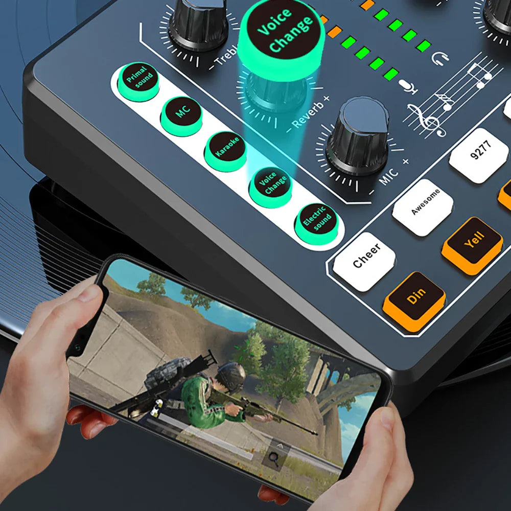 Black and teal professional soundcard bluetooth voice changer live mixer with green-lit buttons and orange accent keys