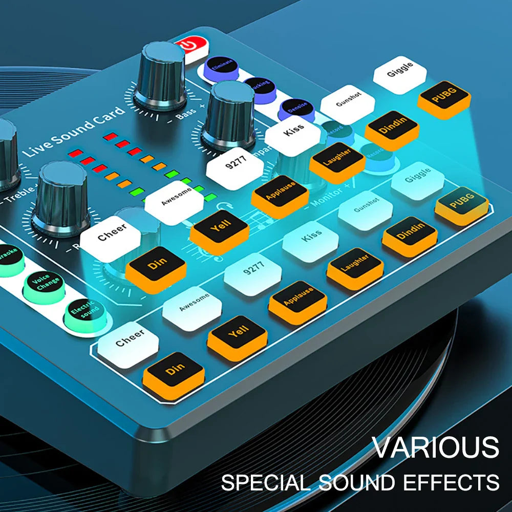 Blue live sound card with black and orange effect buttons for professional soundcard bluetooth voice changer live use