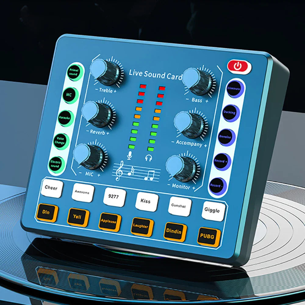 Blue rectangular live sound card with black knobs colorful led indicators and orange-yellow buttons for professional soundcard bluetooth use