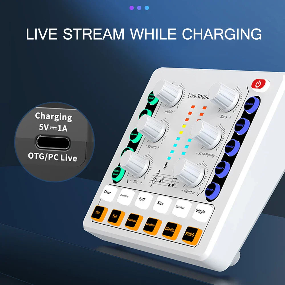 White rectangular professional soundcard bluetooth audio interface with knobs led indicators and voice changer live features