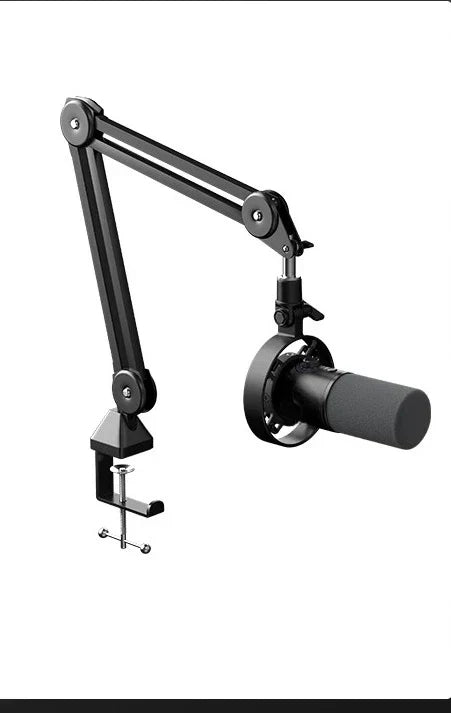 Black adjustable microphone arm with metallic joints and clamp base holding condenser mic for streaming host microphone use