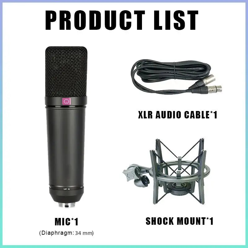 Black condenser microphone studio with metal design, mesh grille, and pink power button for professional recording mic quality sound condenser