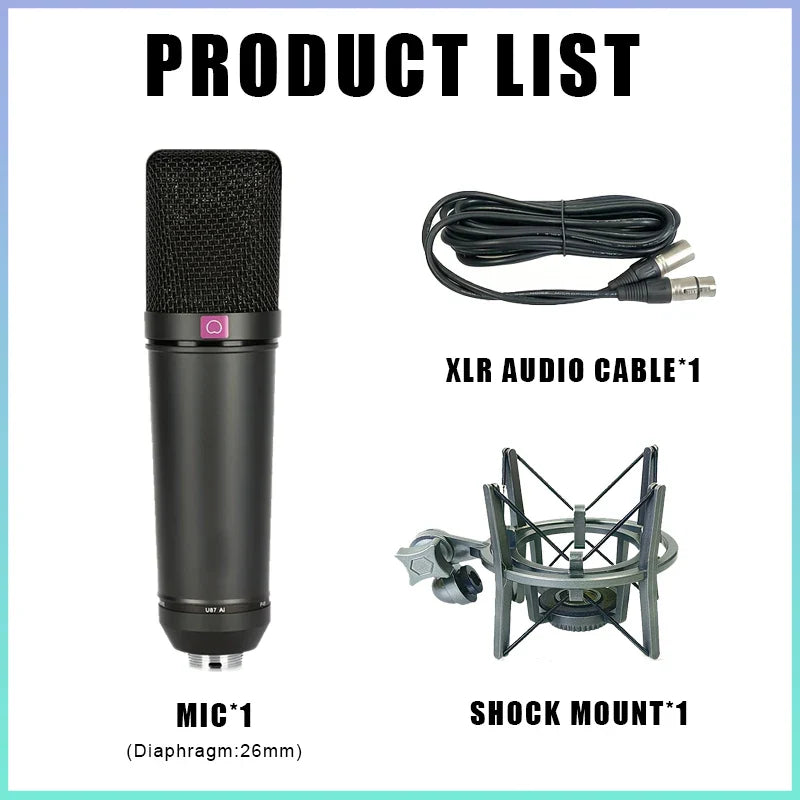 Black LN-87 metal design quality sound condenser microphone studio mic with mesh grille and pink power button for professional recording