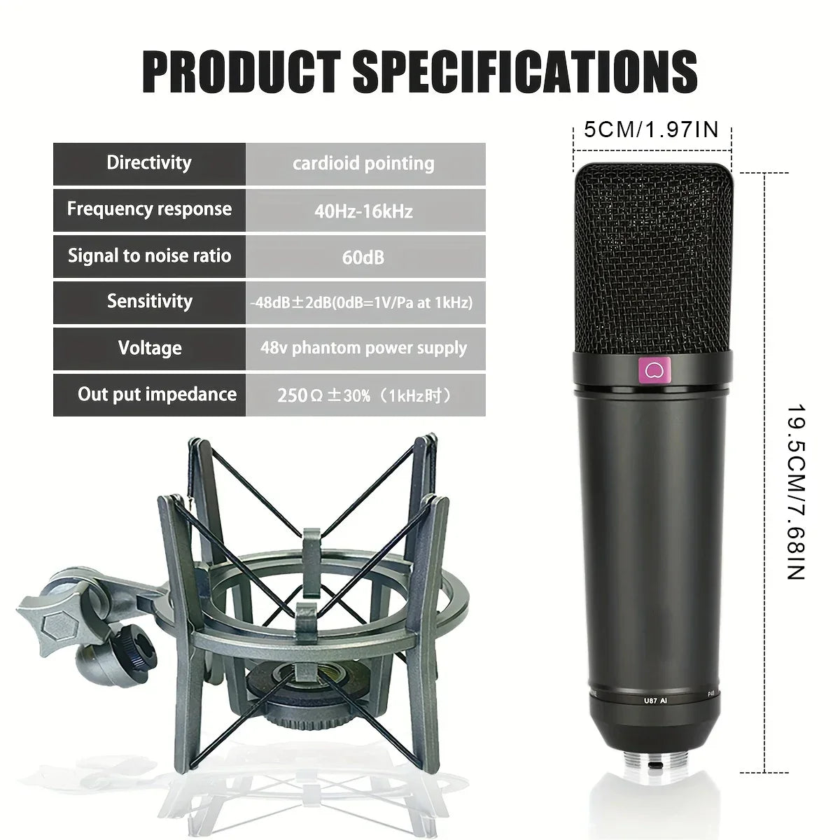 Black cardioid condenser microphone u87 a with metal design and pink power indicator for professional recording mic use
