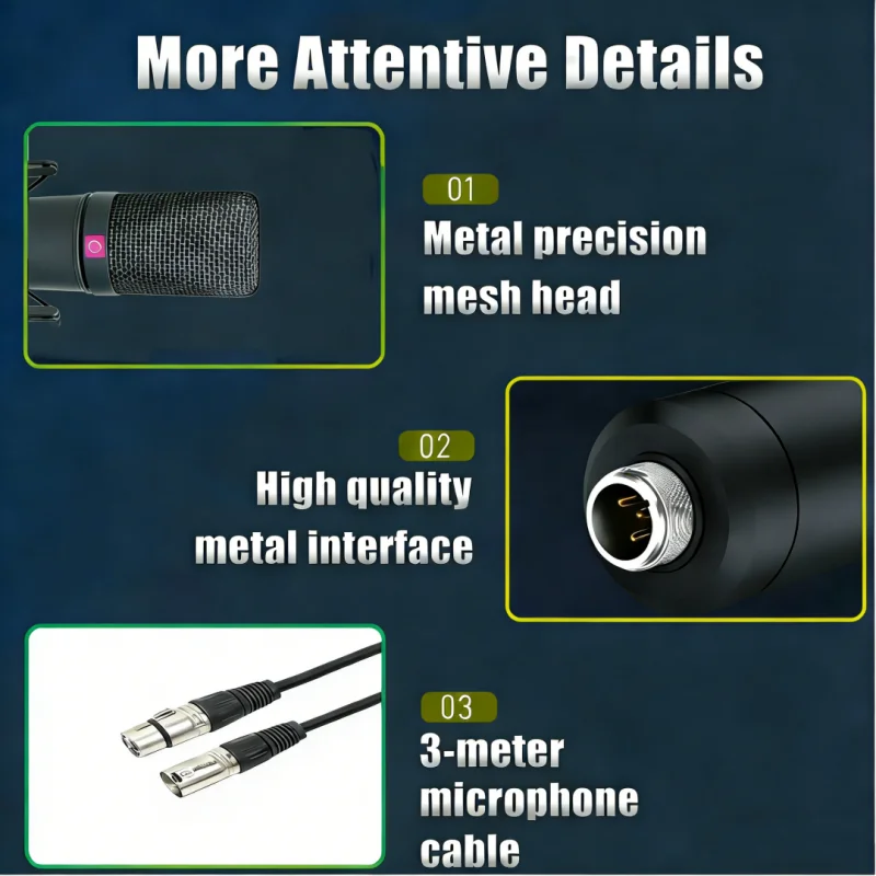 Black ln-87 metal design quality sound condenser microphone studio mic with metal mesh head and 3-meter cable for professional recording