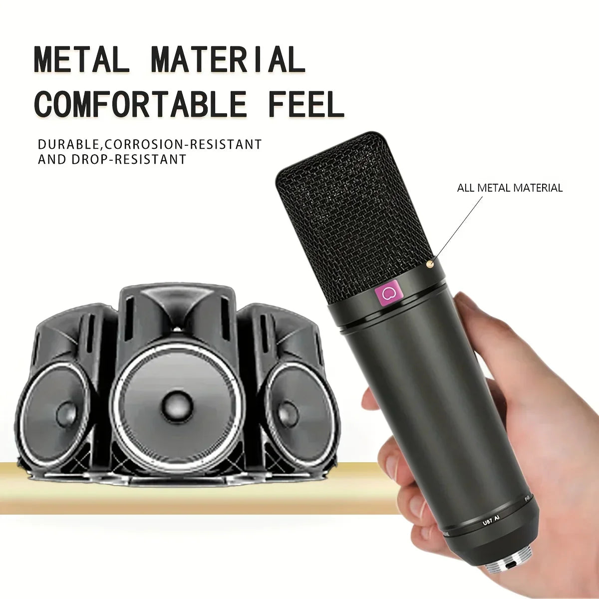 Black metal condenser microphone with mesh grille and pink power button for professional recording mic studio use
