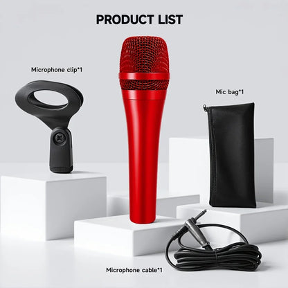 Red professional dynamic microphone with metallic mesh grille and glossy finish for karaoke studio recording and stage performance