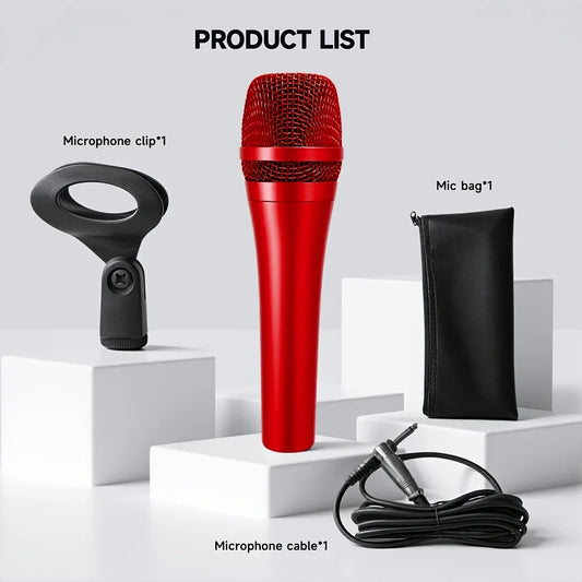 Red professional dynamic microphone with metallic mesh grille and glossy finish for karaoke studio recording and stage performance