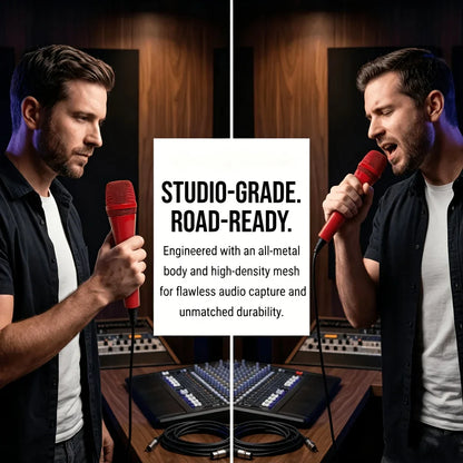 Red professional dynamic microphone with all-metal body and supercardioid pickup for karaoke studio recording