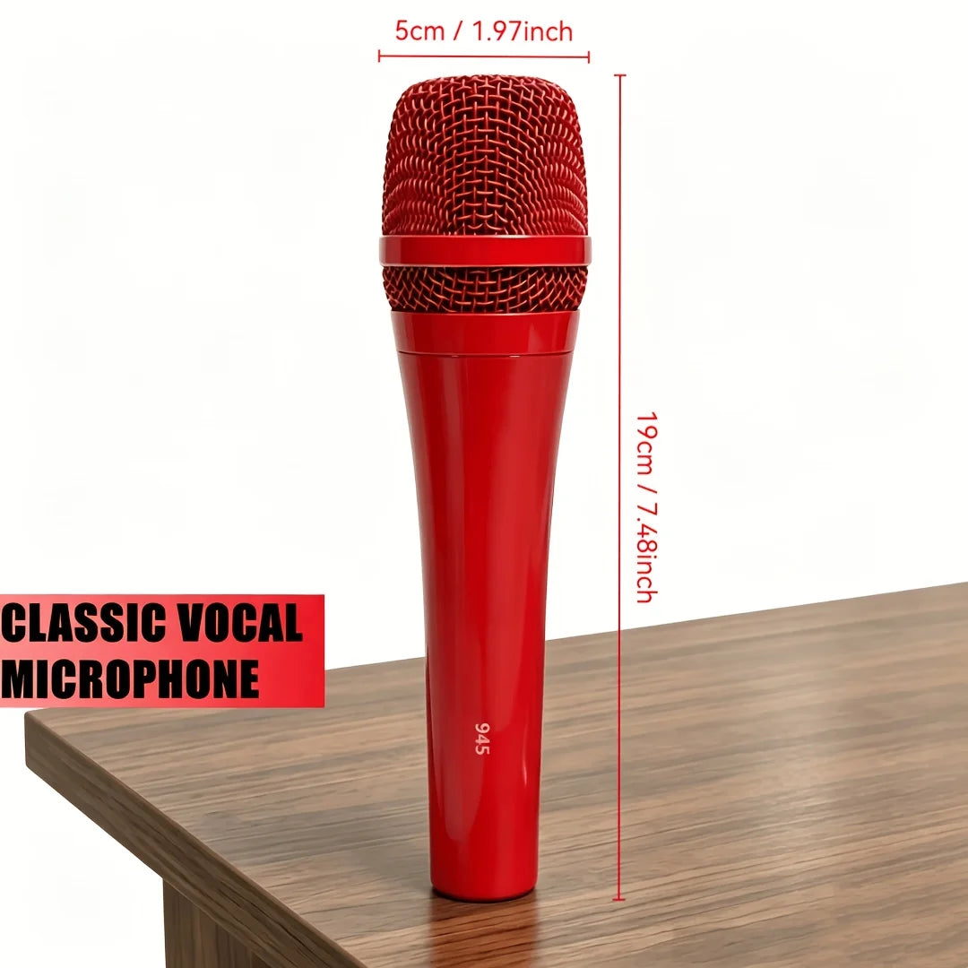 Red professional dynamic microphone supercardioid with mesh grille and glossy finish for karaoke studio recording