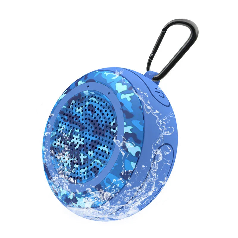 Blue camouflage cyboris t101 portable wireless ipx7 waterproof floating speaker with black carabiner clip for swimming pool use
