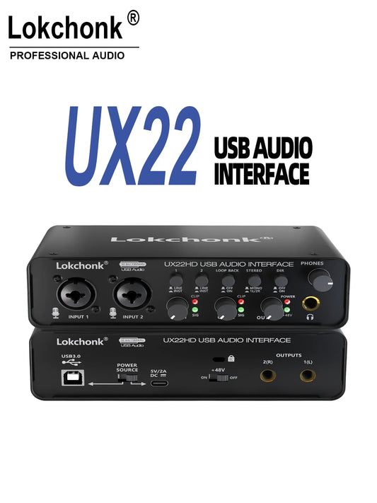 Black lokchonk ux22 audio interface with two input jacks and control knobs ideal for guitarist singer podcast music production