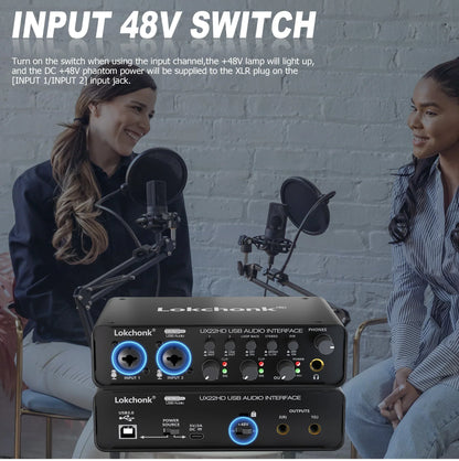 Black lokchonk ux22 audio interface with blue illuminated jacks and knobs for guitarist singer podcast music production