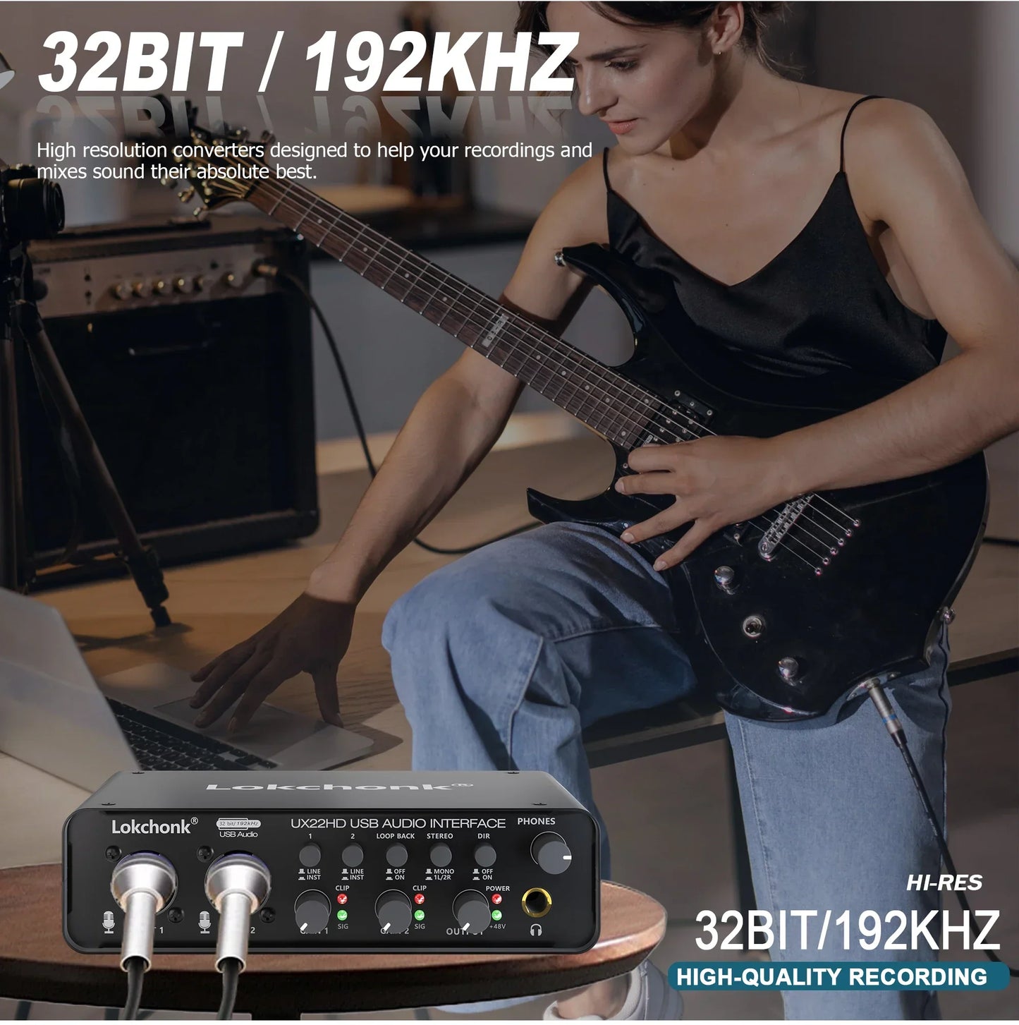 Black lokchonk ux22 audio interface with silver knobs for studio quality guitarist singer podcast music production