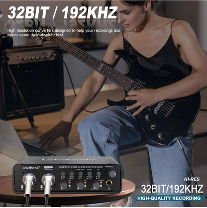Black lokchonk ux22 audio interface with silver knobs for studio quality guitarist singer podcast music production
