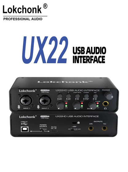Black lokchonk ux22 audio interface with two inputs and control knobs for guitarist singer podcast music production
