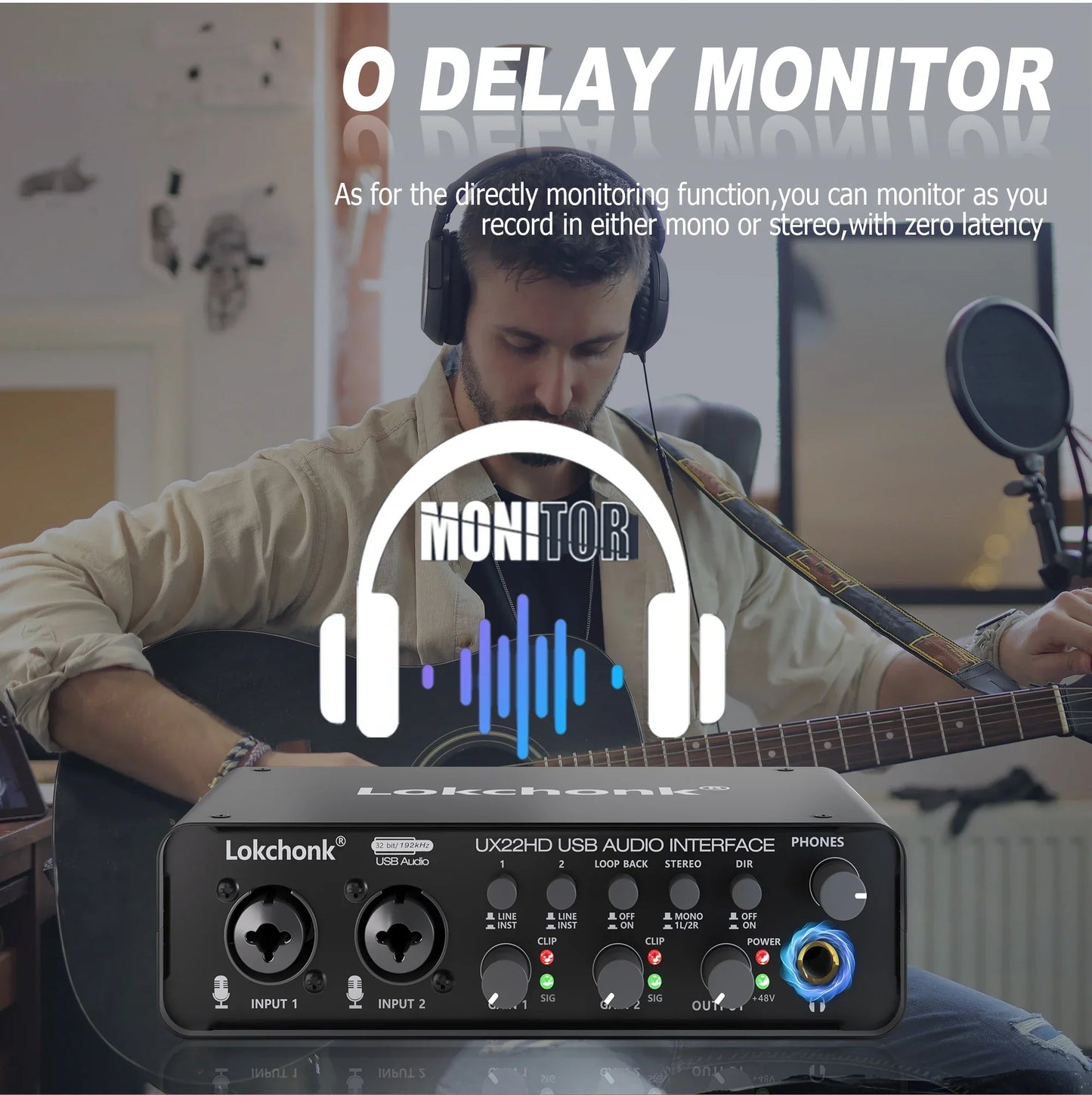 Black lokchonk ux22 audio interface with multiple ports and knobs for guitarist singer podcast music production use
