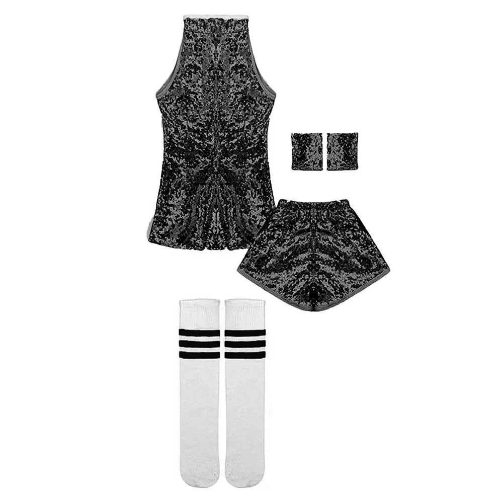 Lolanta girls sequins black sleeveless dance outfit with shorts wristbands and white socks for 4-12 years sparkle hip use