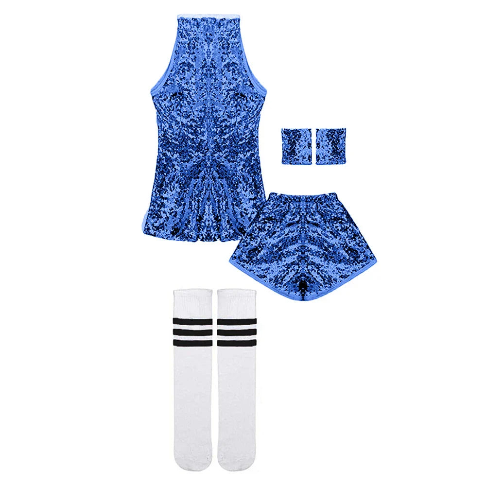 Blue lolanta girls sequins sleeveless dance outfit with shorts and wristbands for 4-12 years sparkle hip hop use