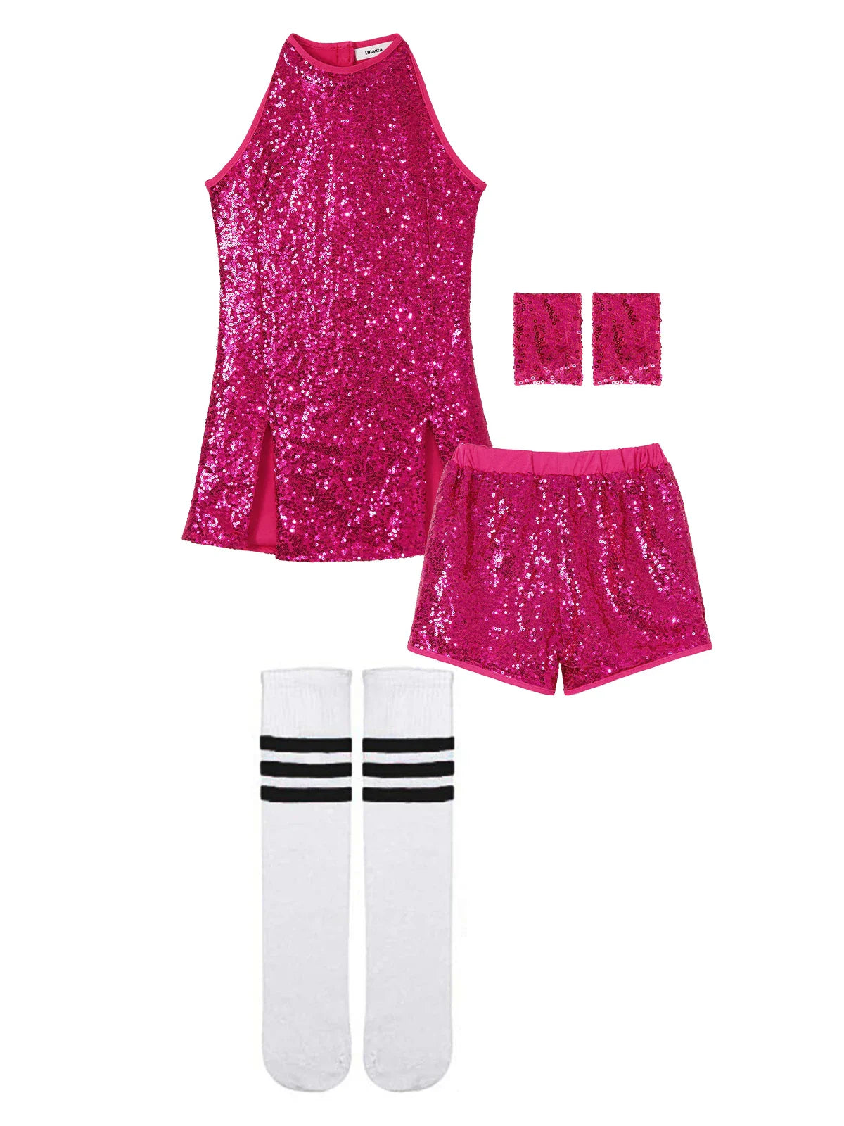 Bright pink lolanta girls sequins sleeveless dance outfit with matching shorts wristbands and white socks with black stripes