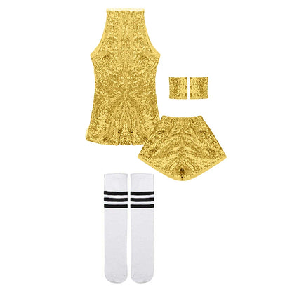 Gold sequined lolanta girls sequins years sparkle hip dance outfit sleeveless top with matching shorts and wristbands